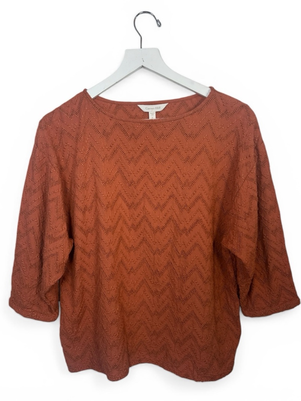 Garnet Hill Rust Orange Textured Chevron Crewneck 3/4 sleeve Top W2321 Sz S